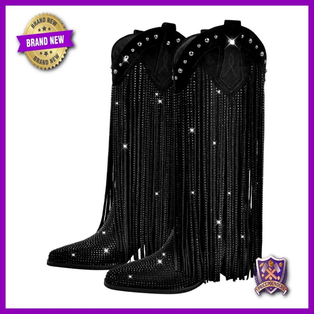 Rhinestone Fringe Cowgirl Boots Knee High Wide Calf Western Tassel Pull On